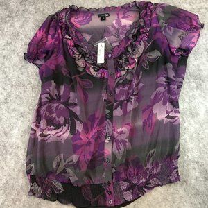 East 5th Top 1X Blouse Chiffon Button Front Smocked Short Sleeve Purple Office